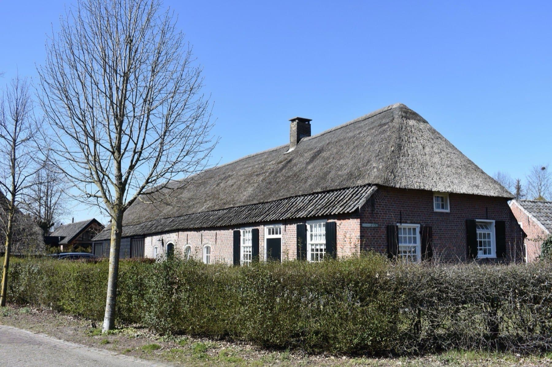 Rietgedekte langgevelboerderij met groene luiken achter een lage haag aan de Parkstraat in Liempde, gemeente Boxtel, onder een strakblauwe lucht.