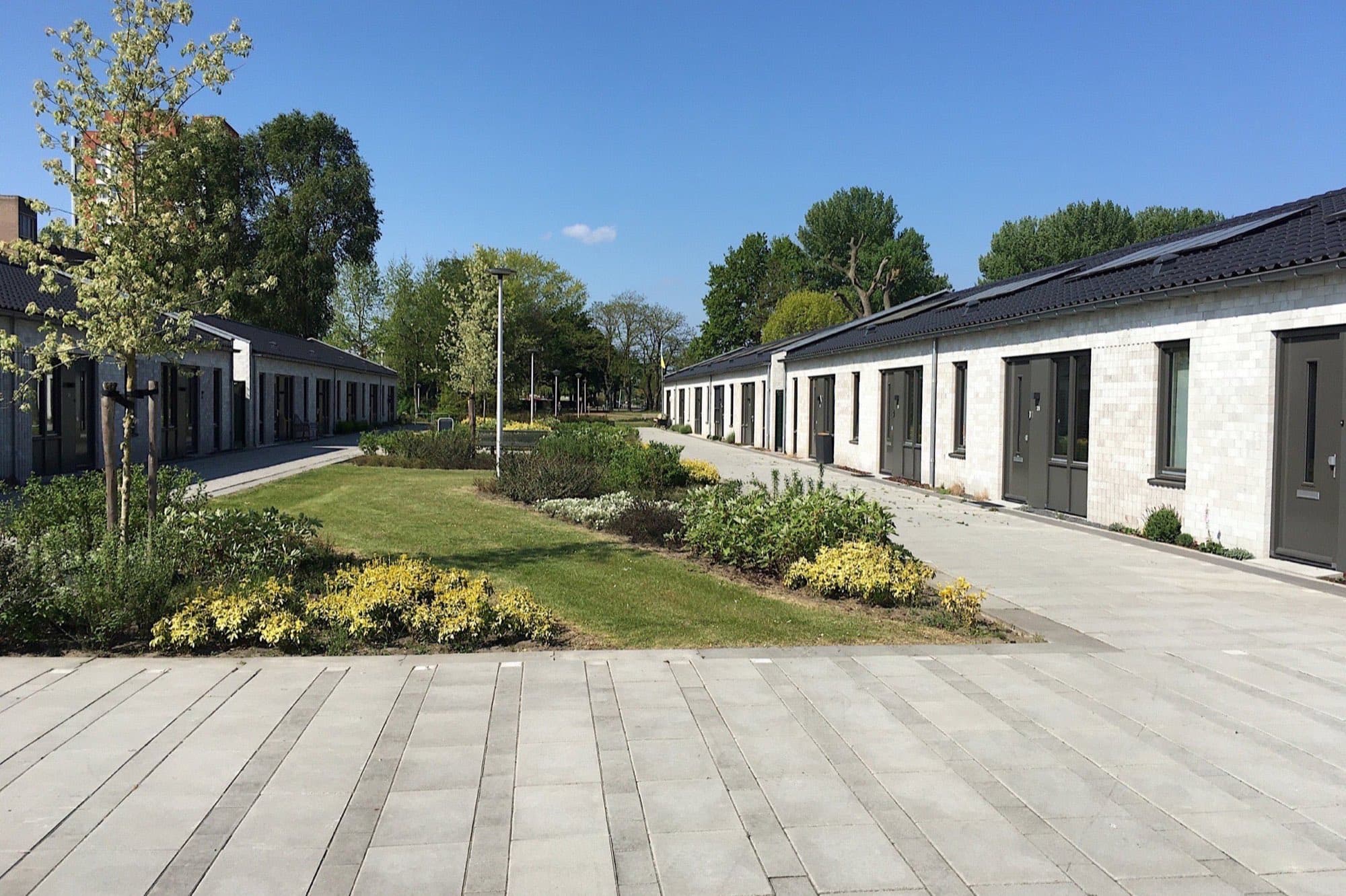 Witte nieuwbouwwoningen van één laag met zonnepanelen rond een groen plein aan het Judith Leysterplein in Helmond-Noord.